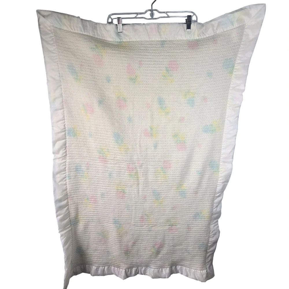 Vintage Baby Pepperell Blanket Pastel Floral Thermal Weave Satin Trim 36